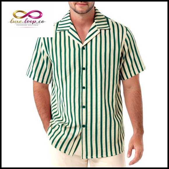 Other - Classic Striped Seersucker Cuban Collar Shirt Short Sleeve Button Down
